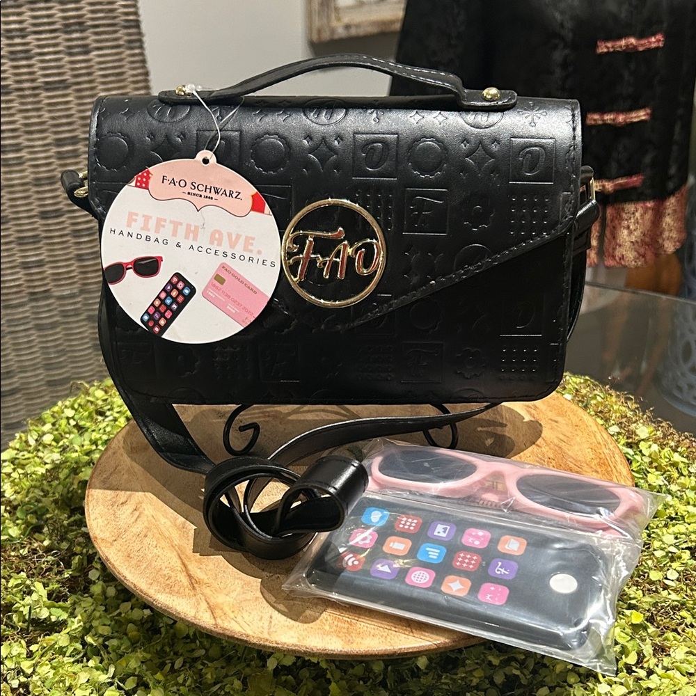 FAO Schwarz Black Handbag with Gold Logo & Sunglasses/Cellphone For Kids NWT